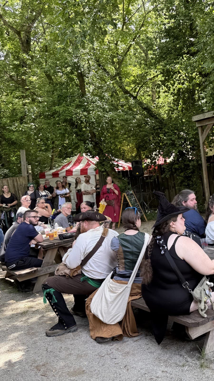 A seated Renaissance-faire crowd at picnic tables under the trees, watching the show near a striped tent
