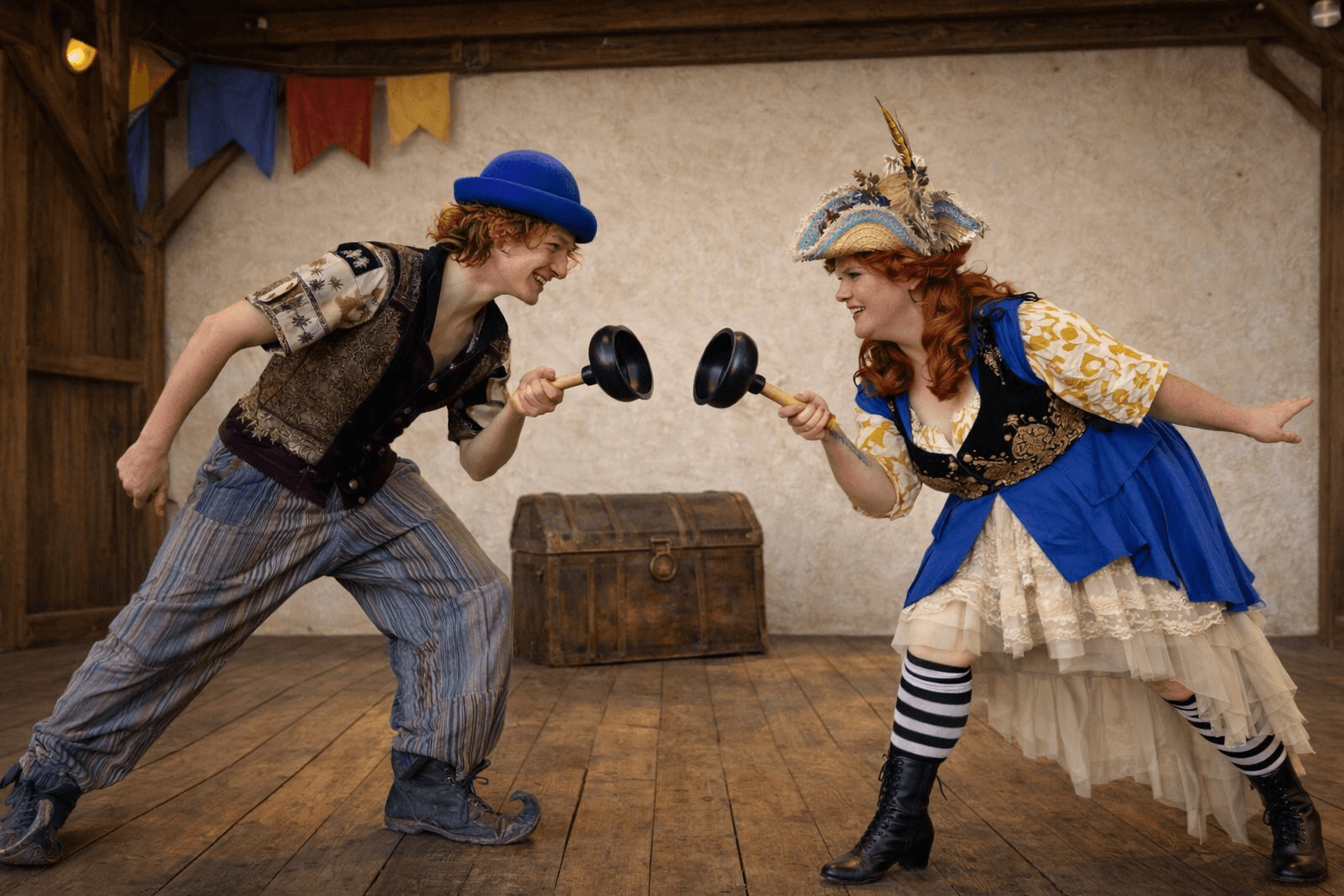 Captain Shh-nel and Stu of the Loo facing off in an epic plunger duel on stage at a Renaissance faire